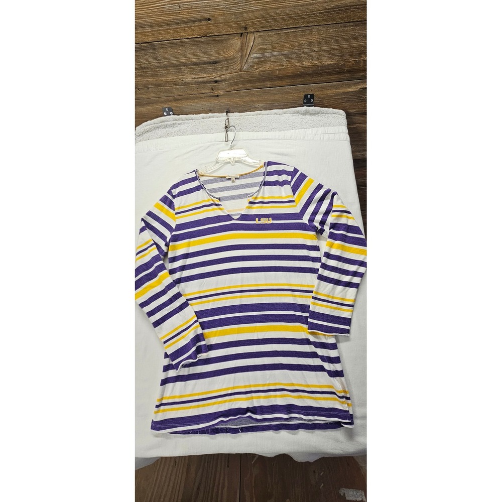 UG Apparel LSU Tigers Women Purple Gold Striped V-Neck Long Sleeve Tunic Top L
